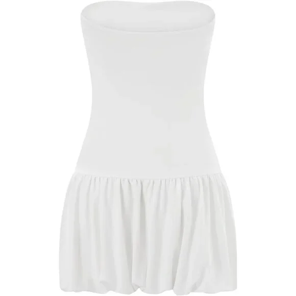 Women Strapless Mini Dress Cotton Blend Off Shoulder Bubble Skirt for Parties - Picture 6 of 7